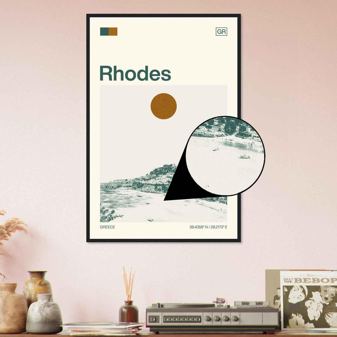 Rhodes Greece Lindos Acropolis Bay Beach Sun Duotone Travel Poster - Image 4