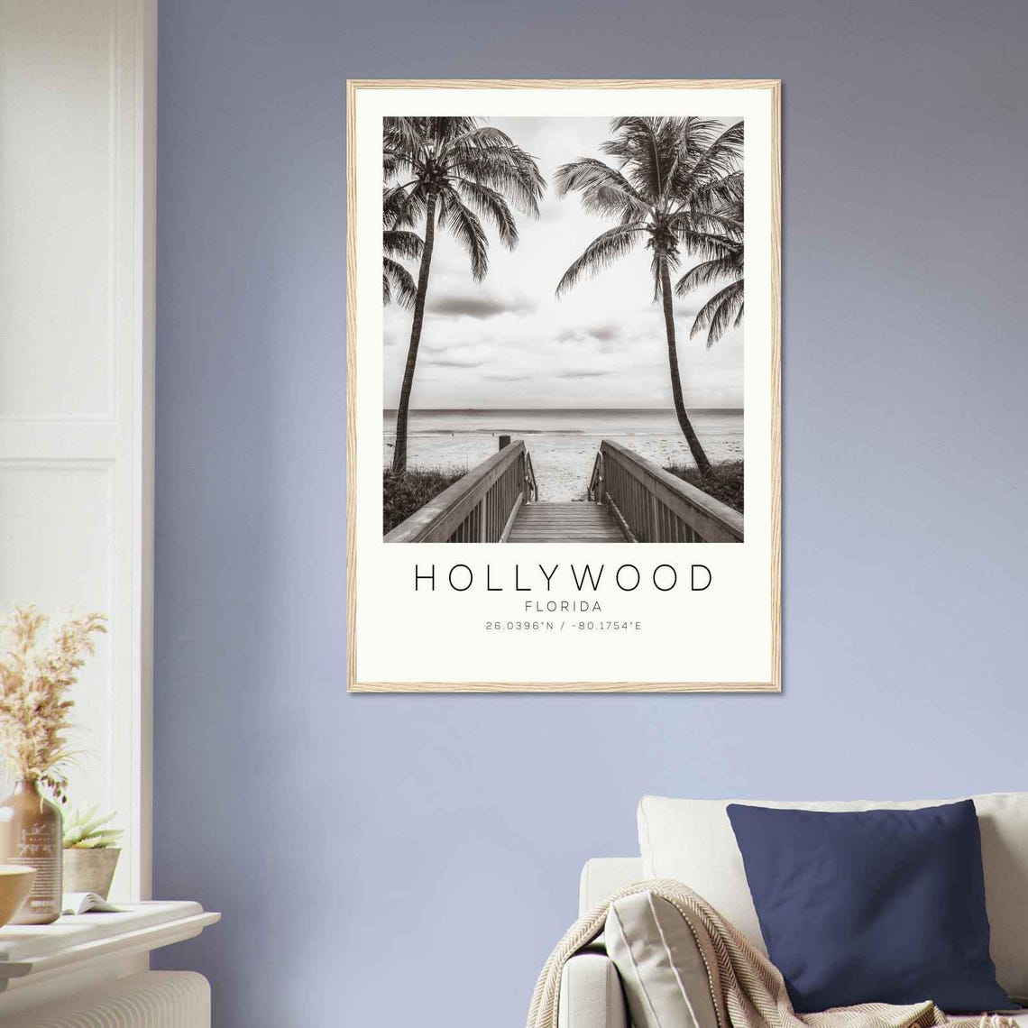 Hollywood Florida Beach Boardwalk Palm Trees Black White Travel Poster - Image 2