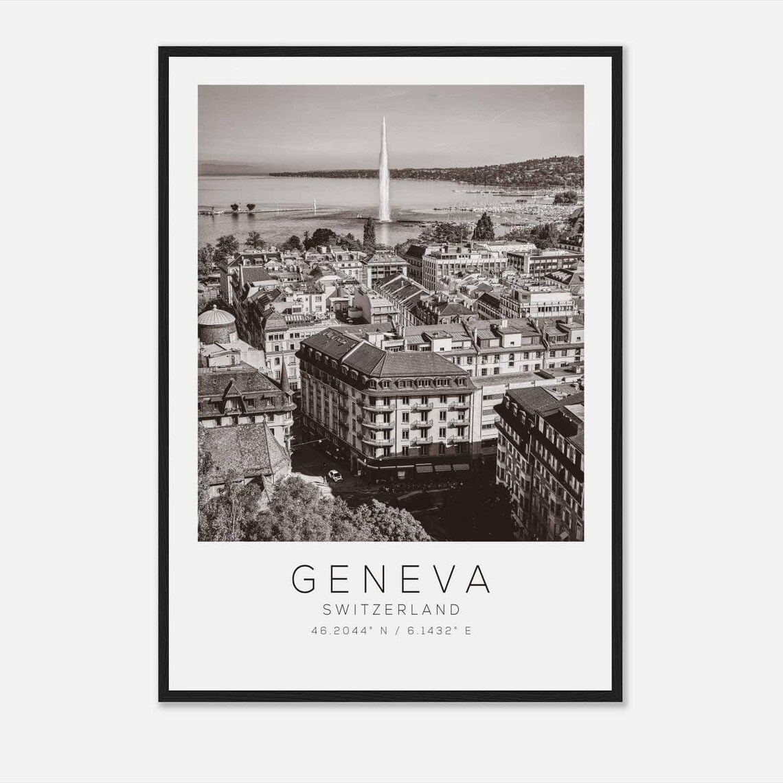 Geneva Switzerland Jet d'Eau Lakeside Black and White Travel Poster
