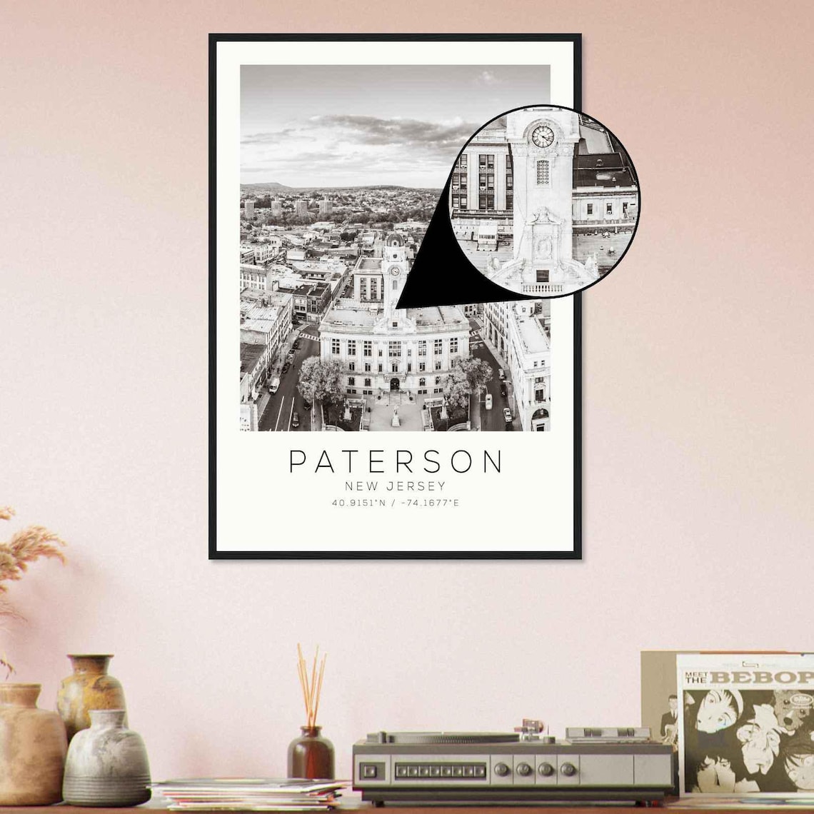 Paterson New Jersey Historic Clock Tower Aerial Black and White Photo Poster - Image 4