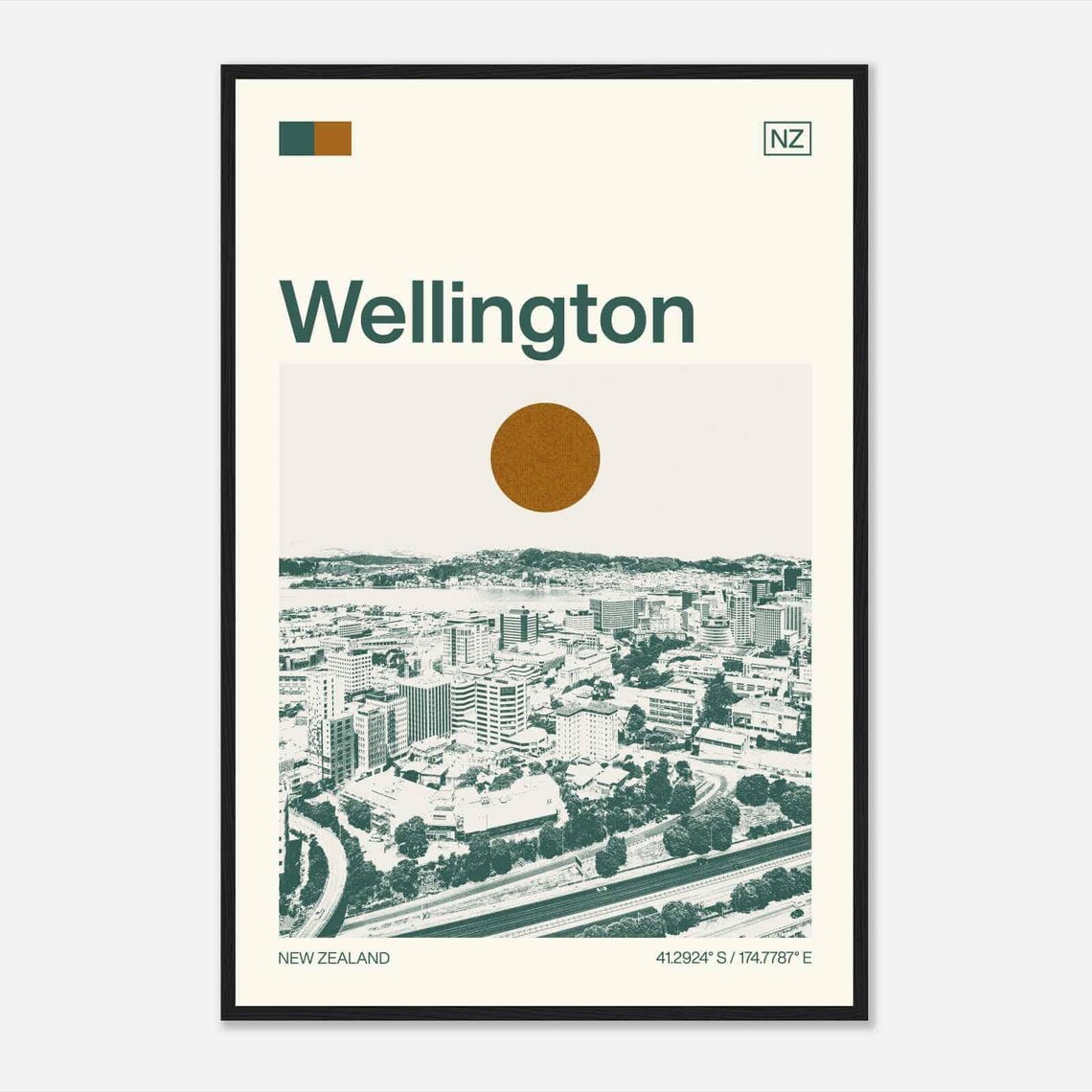 Wellington New Zealand City Harbor Aerial Vintage Travel Poster