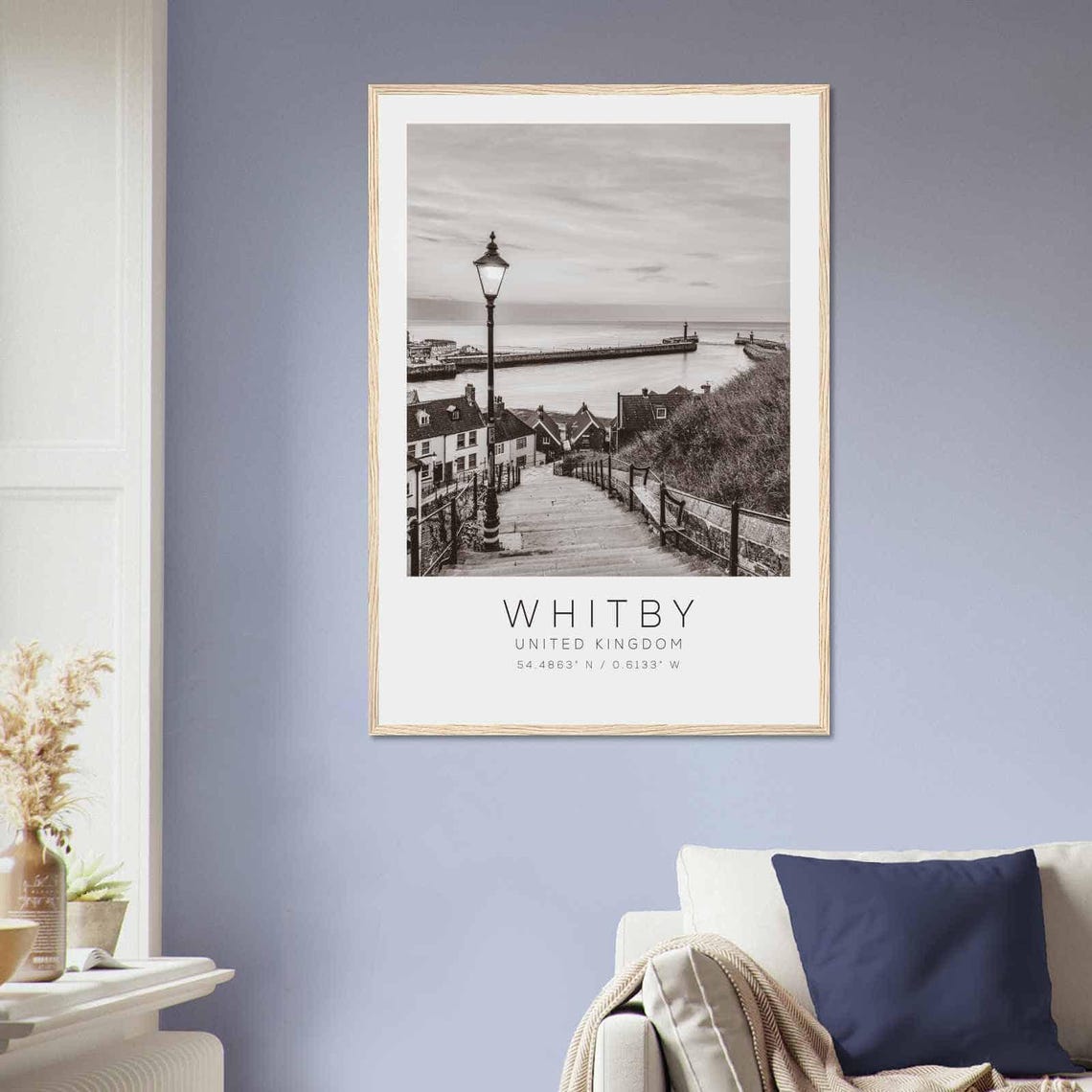 Whitby United Kingdom Harbor Steps Lamp Post Black White Photo Poster - Image 2
