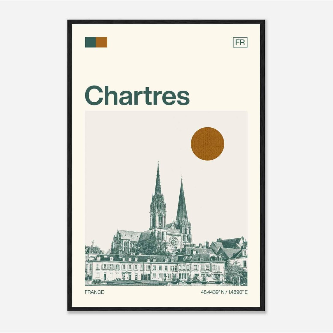 Chartres France Gothic Cathedral Twin Spires Minimalist Travel Poster