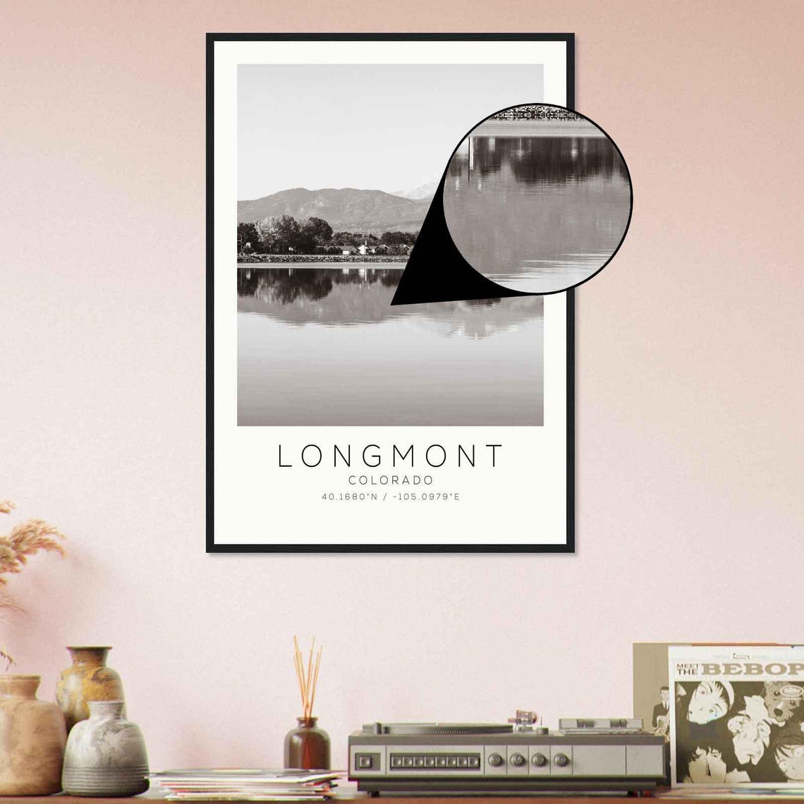 Longmont Colorado Mountain Lake Reflection Black And White Poster - Image 4