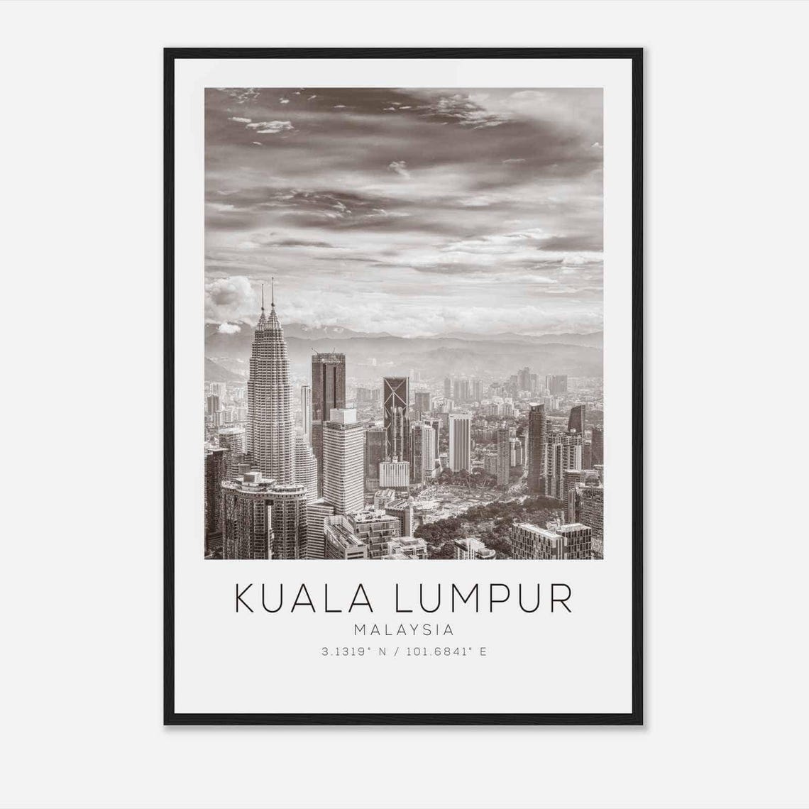 Kuala Lumpur Malaysia Black White Skyline Twin Towers Poster