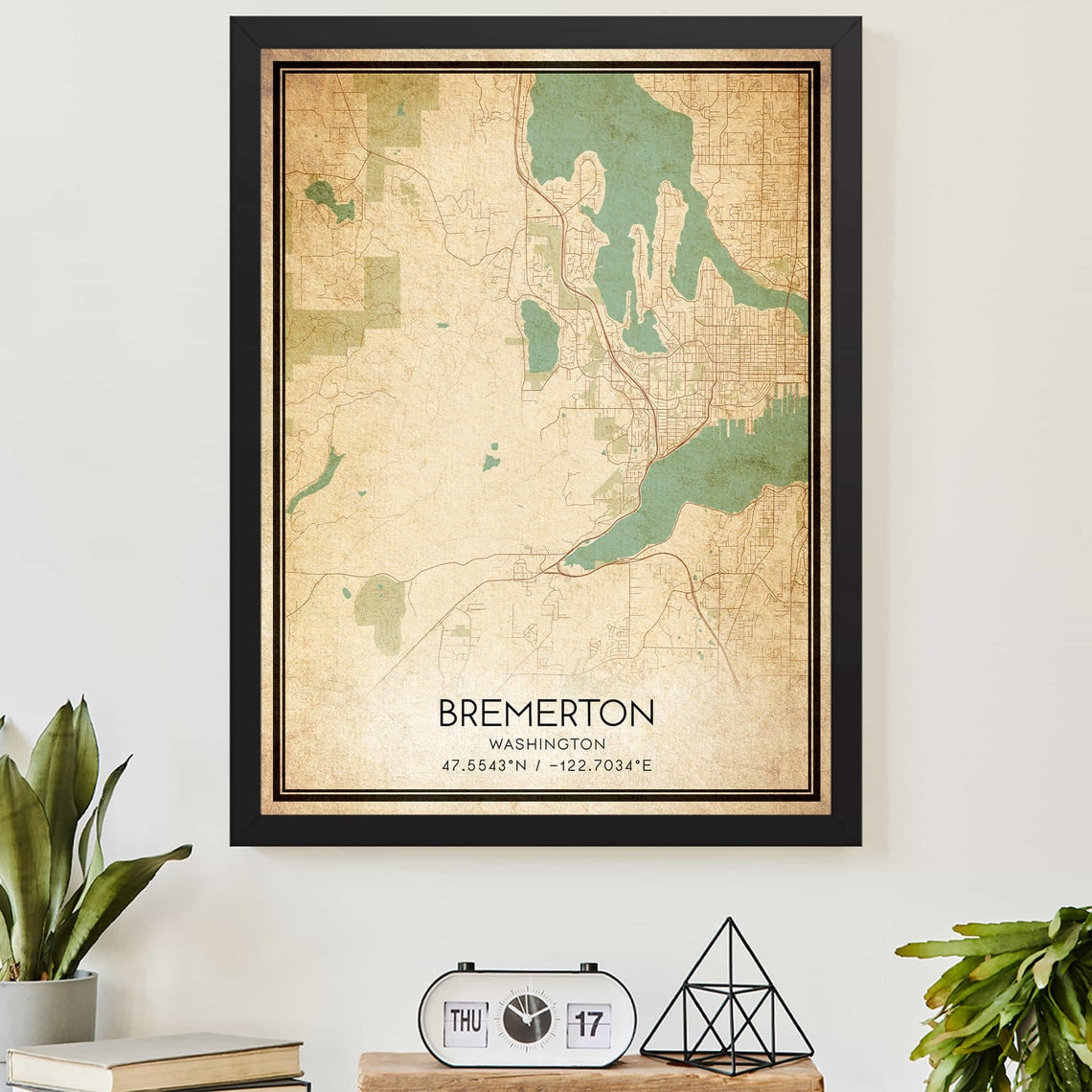 Bremerton Washington Vintage City Map Poster with Coordinate Details