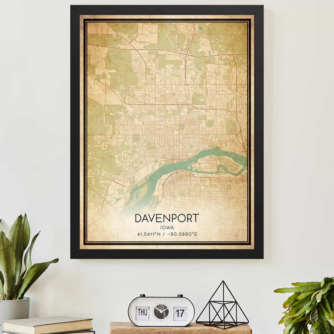 Davenport Iowa Vintage Street Map With Coordinates Art Print