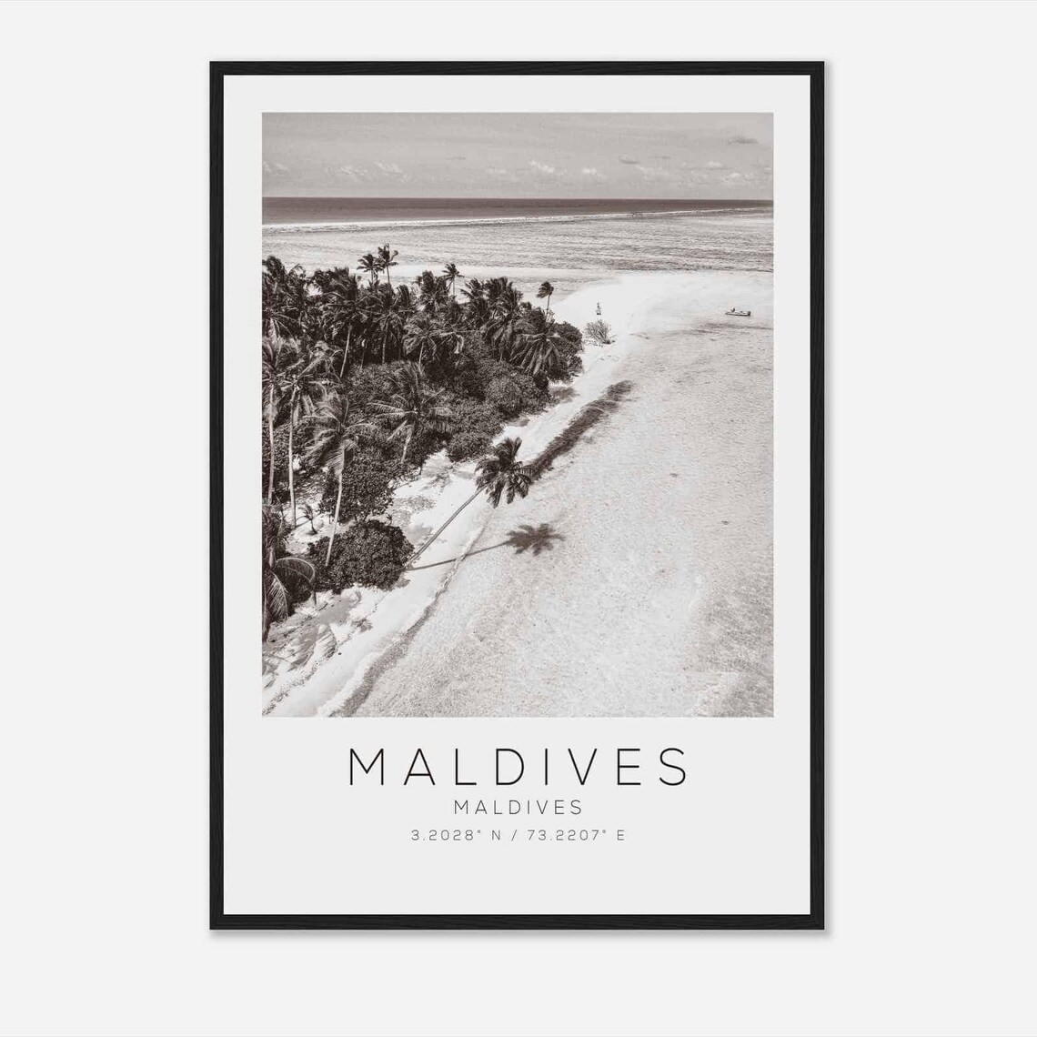 Maldives Tropical Palm Island Aerial Black and White Photo Poster