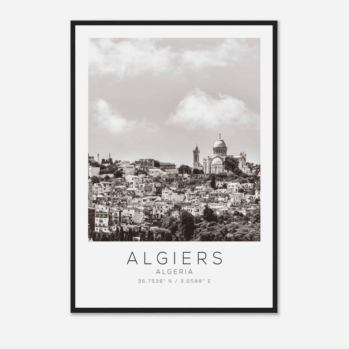 Algiers Algeria Black White Basilica Hillside Cityscape Travel Poster