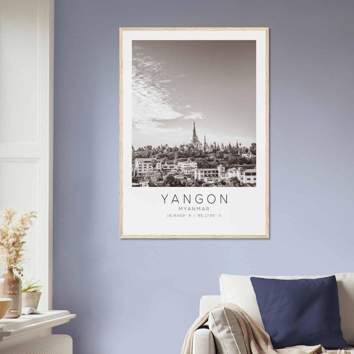 Yangon Myanmar Shwedagon Pagoda City Skyline Black White Poster - Image 2