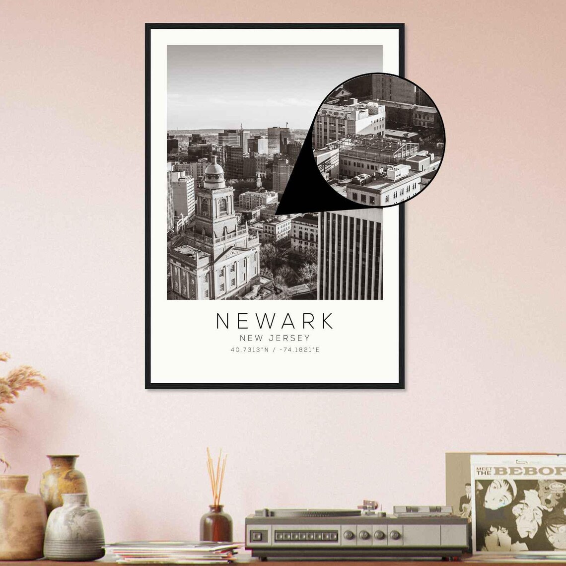 Newark New Jersey Downtown Skyline with Historic Tower Black and White Photo Poster - Image 4