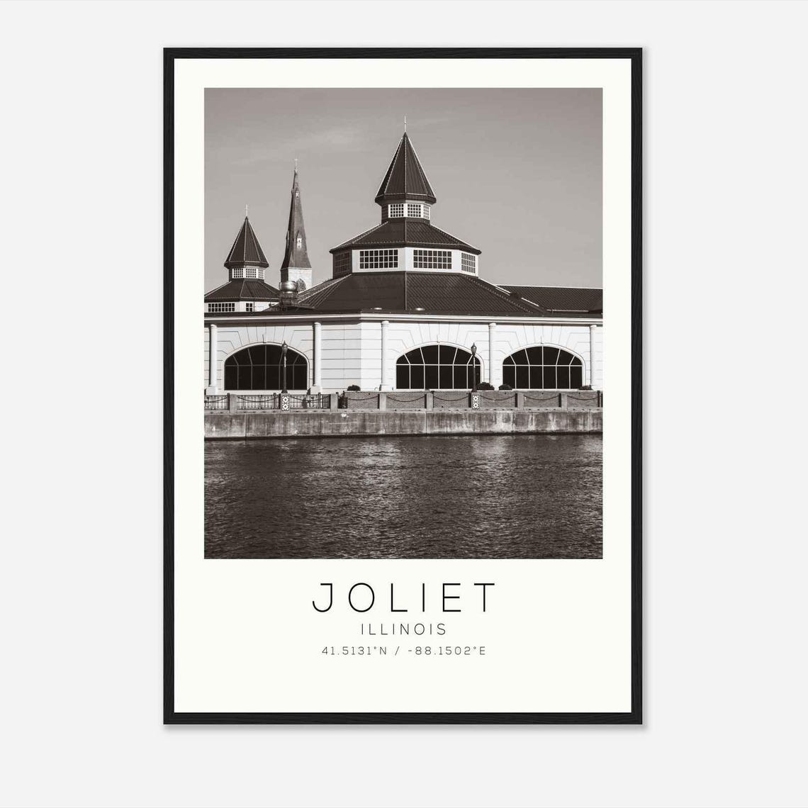 Joliet Illinois Riverfront Landmark Building Black White Photo Poster