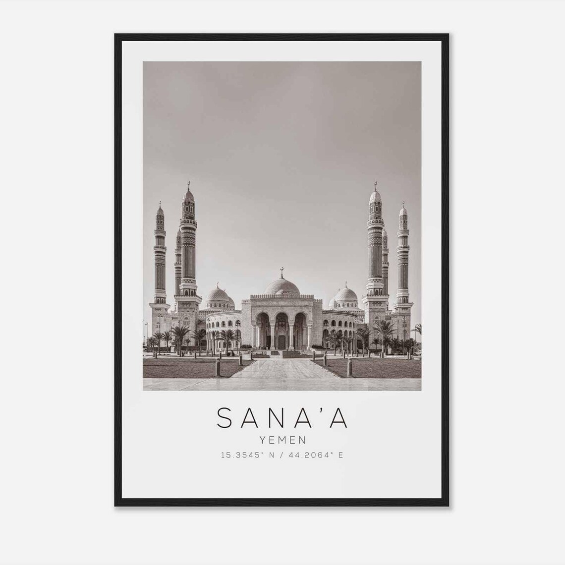 Sanaa Yemen Grand Mosque Minarets Black and White Travel Poster