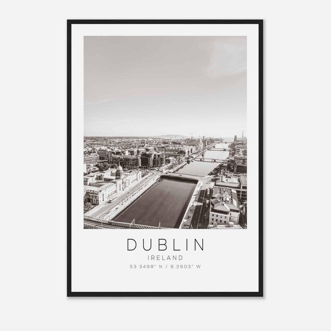 Dublin Ireland Black And White Aerial River Cityscape View Poster