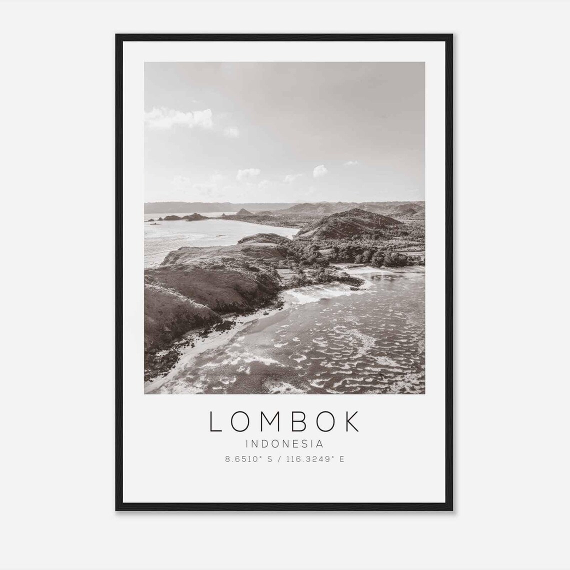 Lombok Indonesia Aerial Coastal Islands Black and White Photo Poster