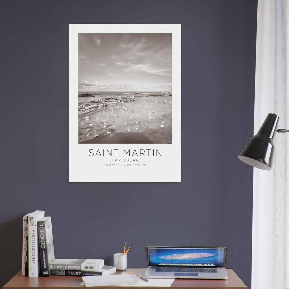 Saint Martin Caribbean Sailboats Bay Aerial Black and White Poster - Image 3