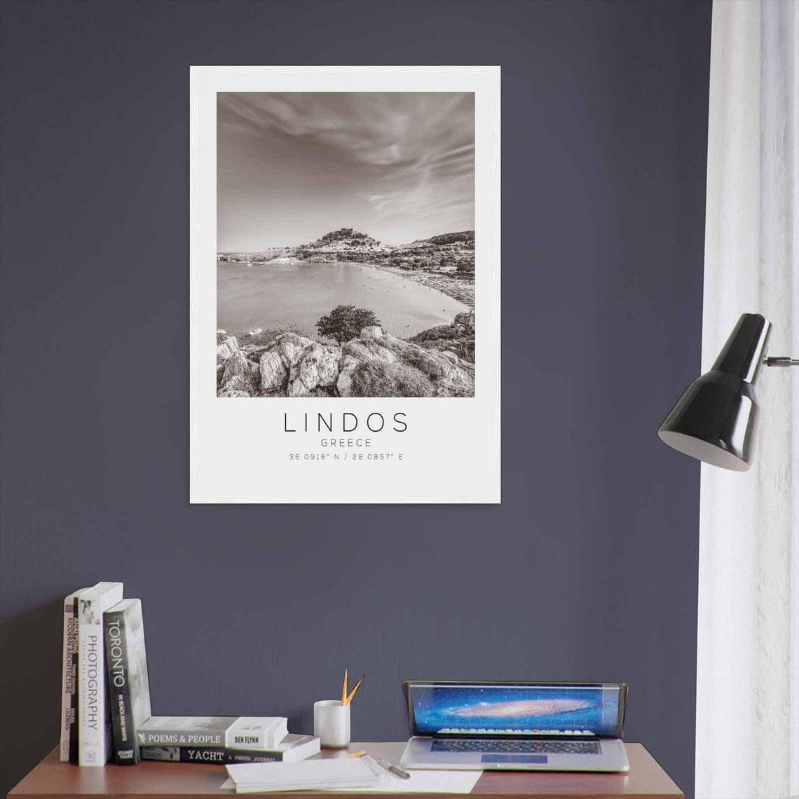 Lindos Greece Aegean Bay Rocky Coast Black and White Photo Poster - Image 3