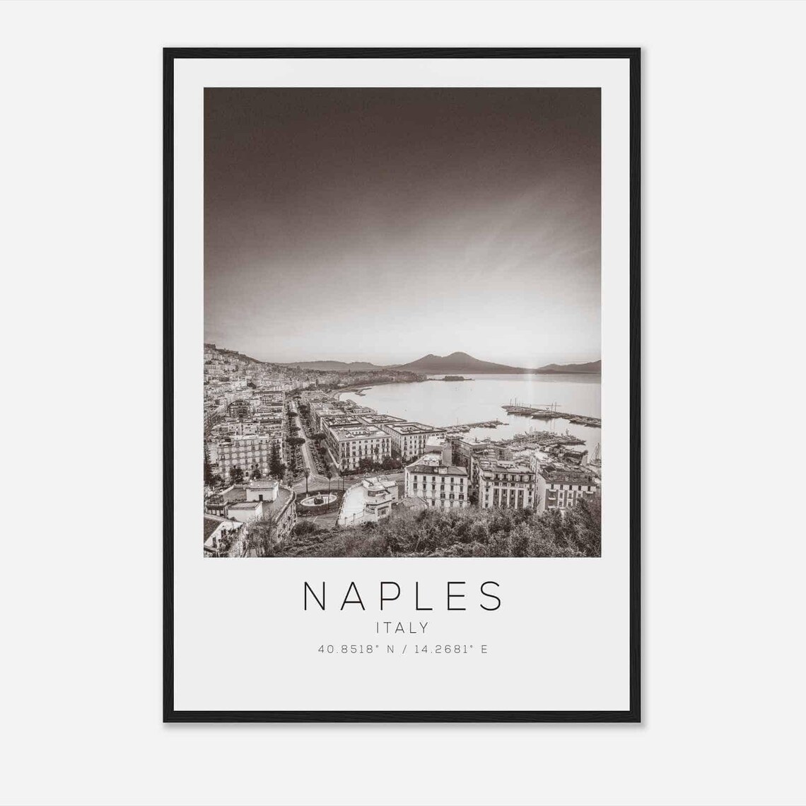 Naples Italy Bay and Vesuvius Panorama Black and White Photo Poster