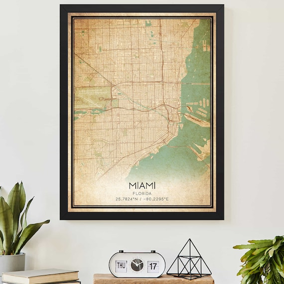 Miami Florida Vintage City Map Poster with Local Coordinates