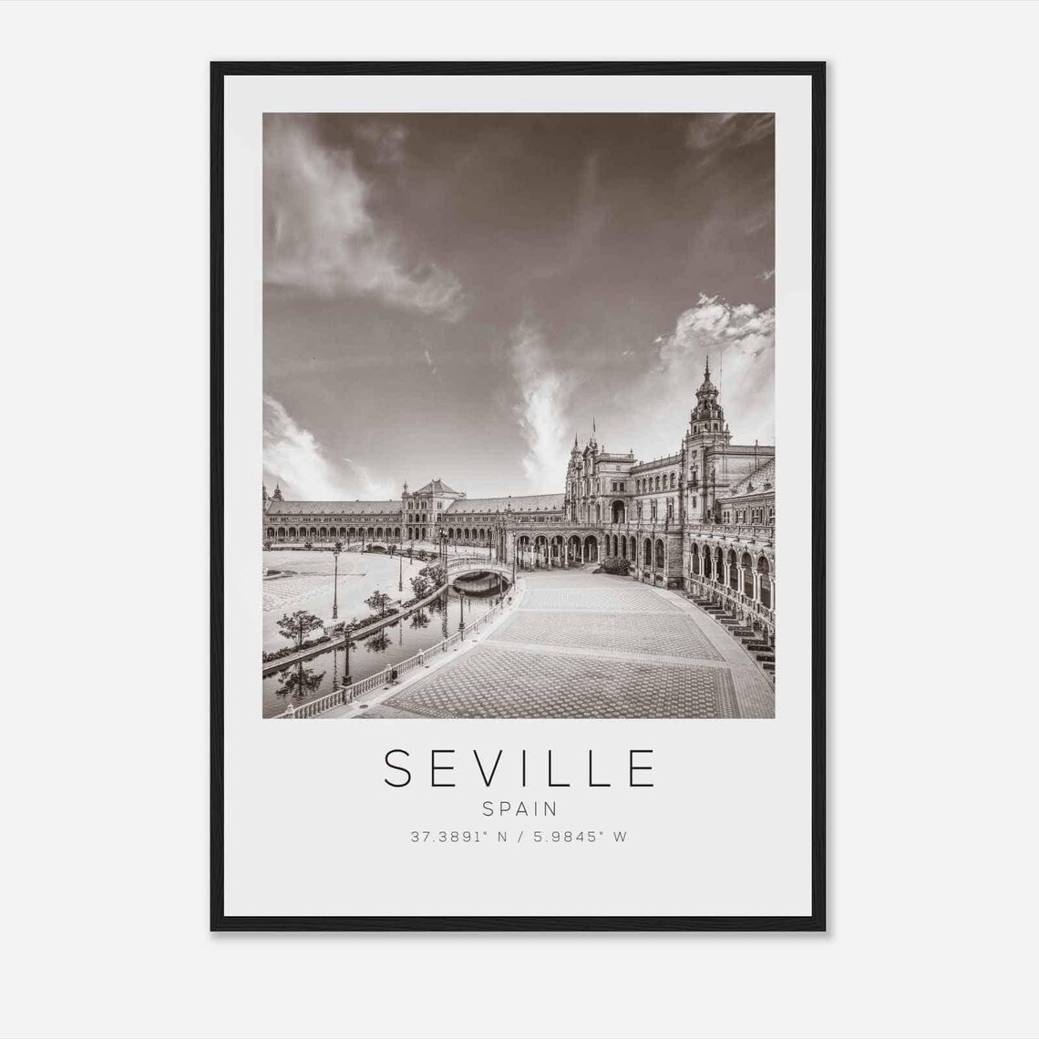Seville Spain Plaza de Espana Canal Black and White Travel Poster