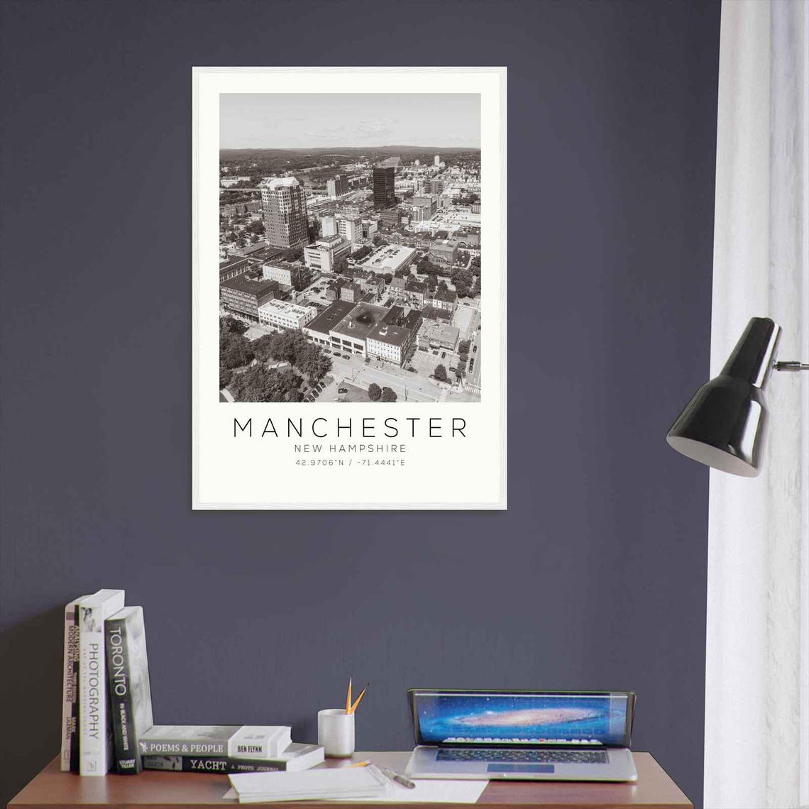 Manchester New Hampshire Downtown Aerial Black And White Poster - Image 3
