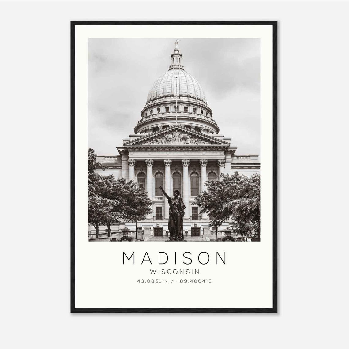 Madison Wisconsin State Capitol Dome Statue Black And White Poster