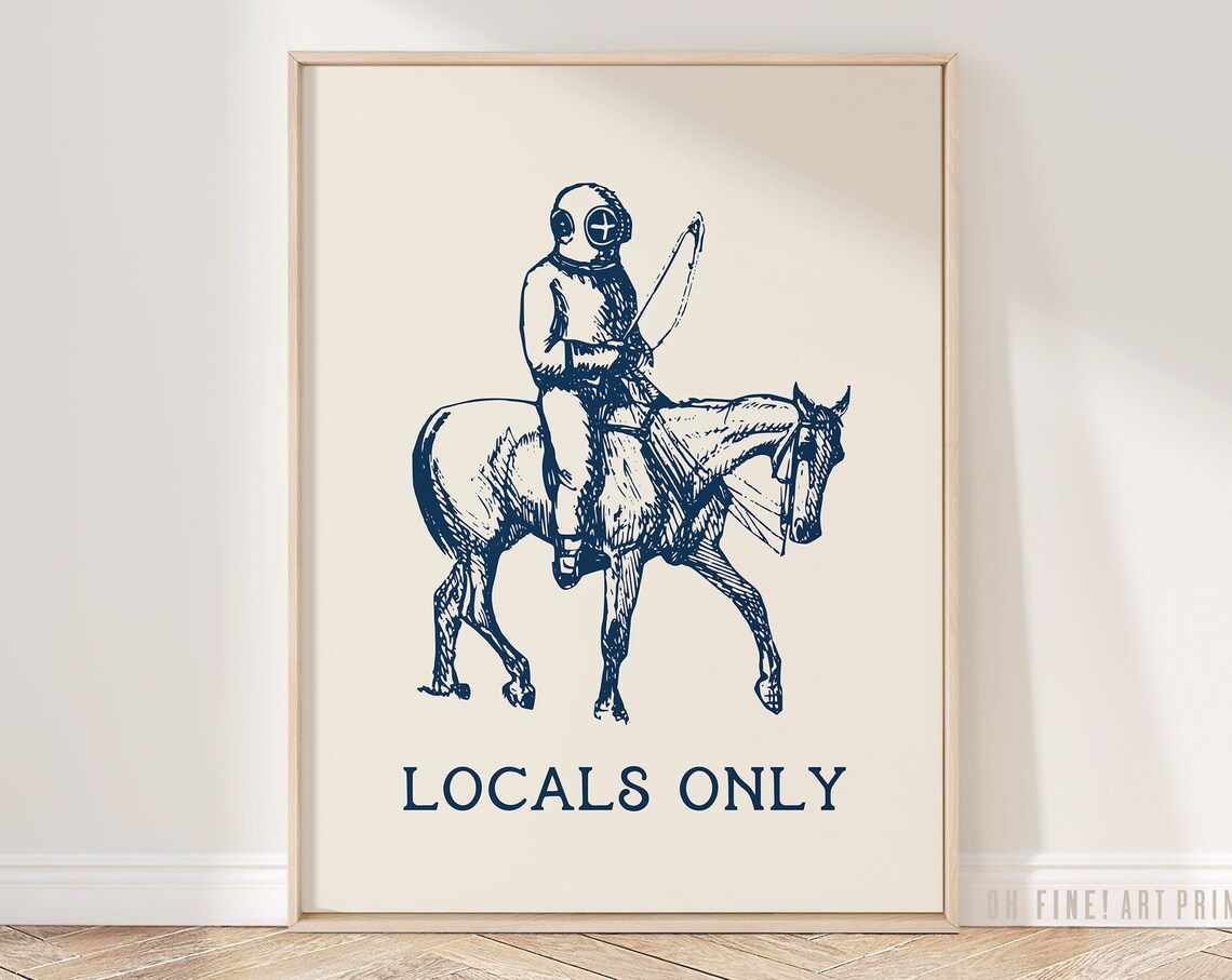 Locals Only Diver Riding Horse Navy Vintage Coastal Humor Print
