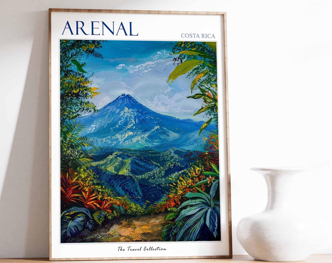 Arenal Costa Rica Travel Poster Misty Volcano Jungle Path Blue Art