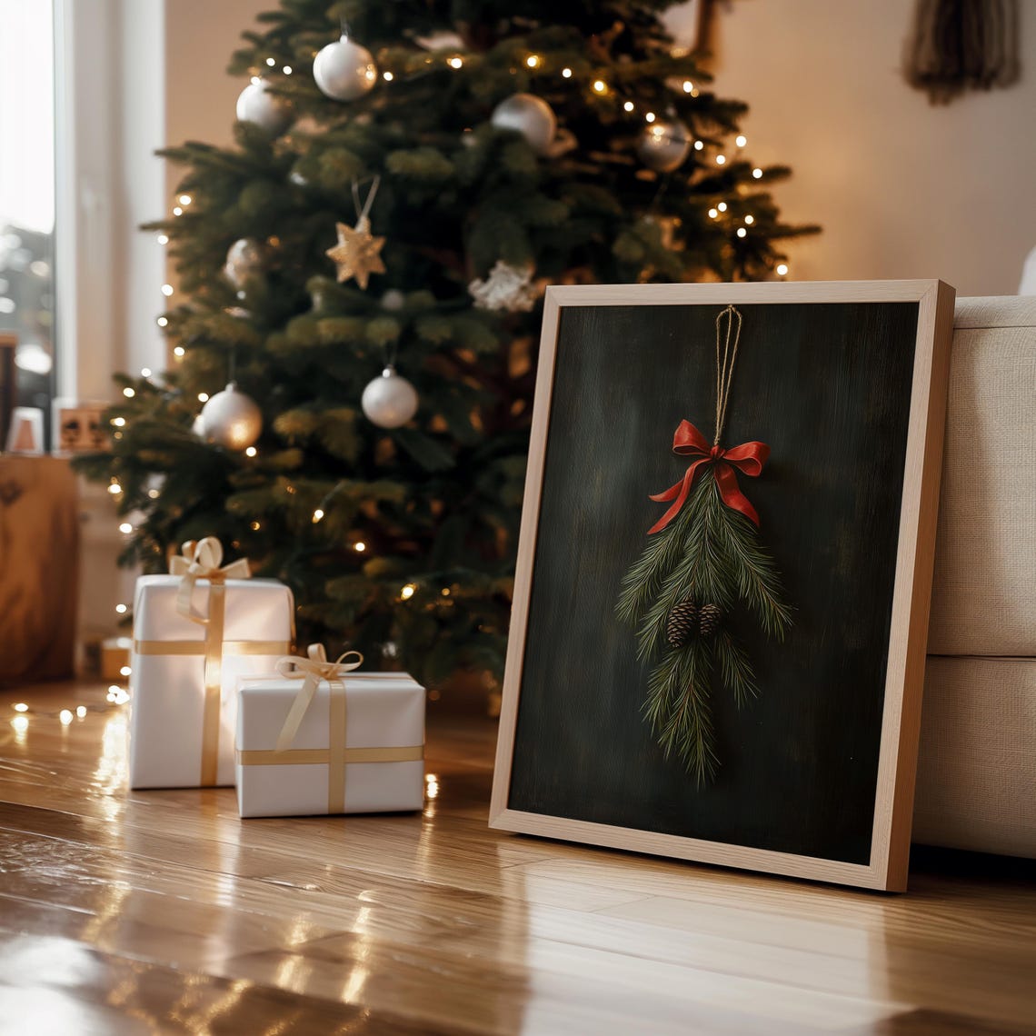 Christmas Vintage Style Oil Painting Christmas Pine Branch Wall Art Winter Christmas Wall Art Country Christmas Print Art A48 - Image 2