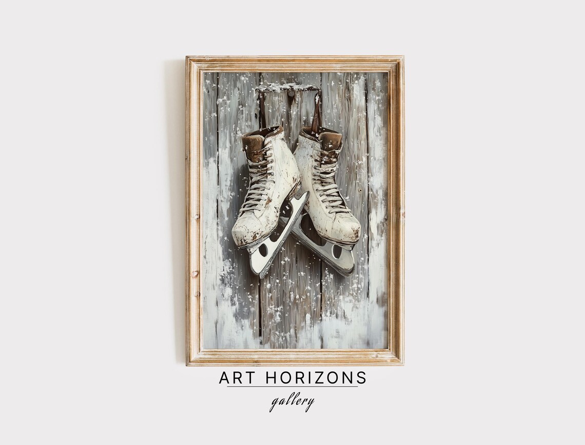 Vintage White Ice Skates Hanging On Wooden Door Winter Art Poster