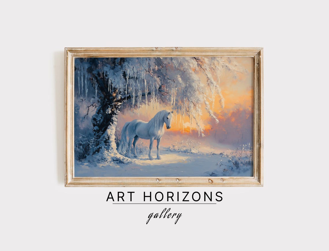White Horse Frosty Tree Sunset Snow Winter Landscape Art Print
