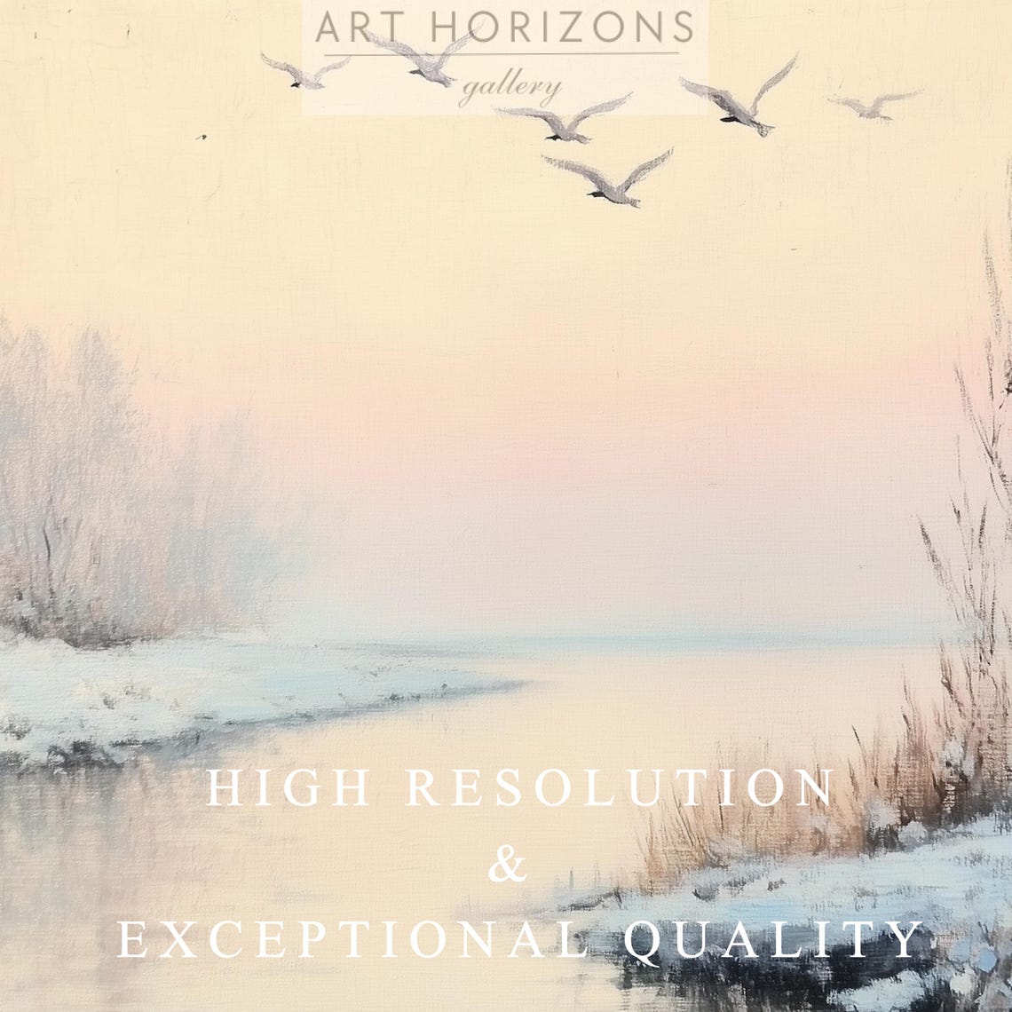 Soft Winter River At Dawn With Flying Birds Minimalist Art Poster - Image 3