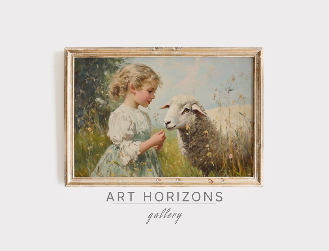 Little Girl and Sheep Lamb, Vintage Oil Art Print