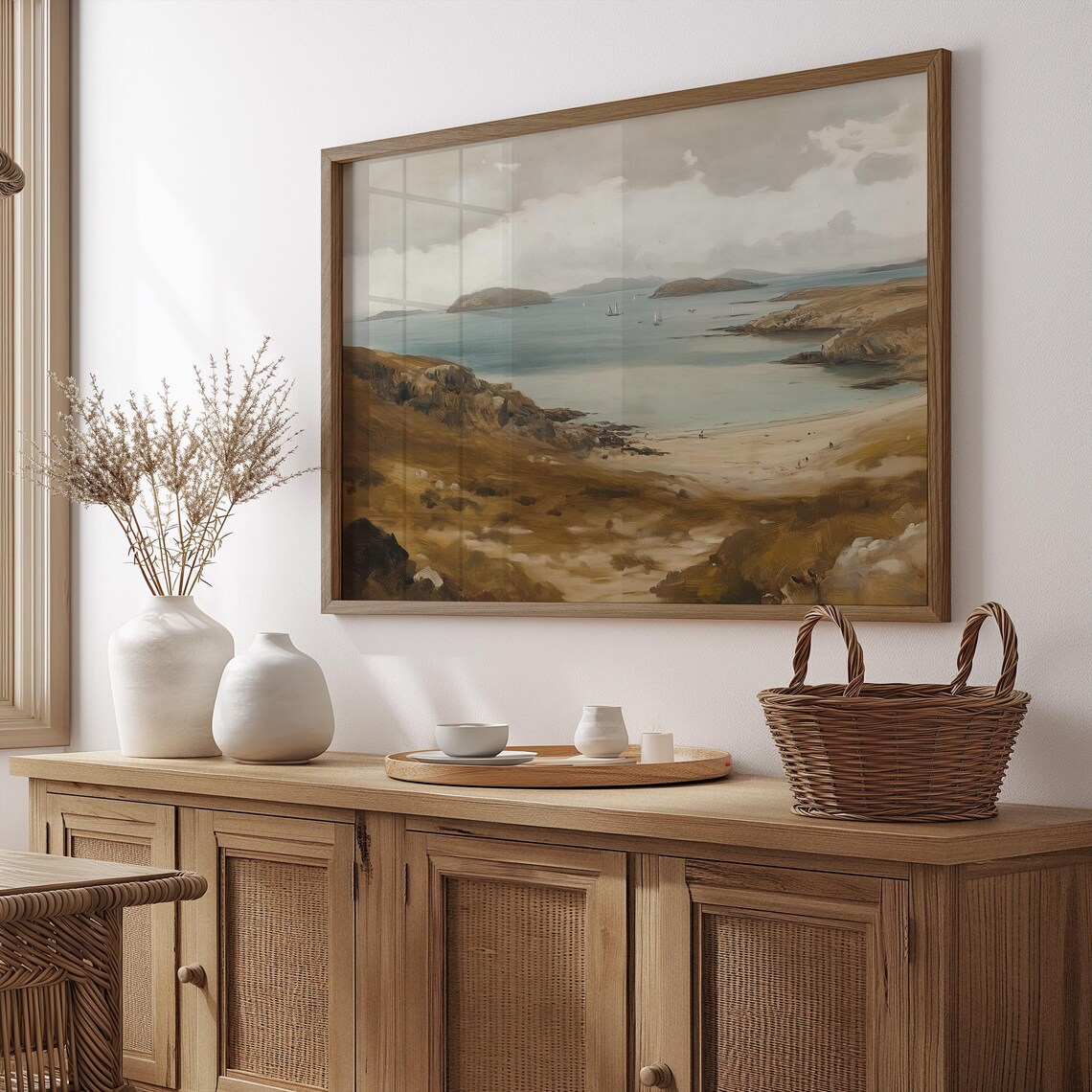 Muted Coastal Seascape With Sandy Beach And Distant Islands Vintage Poster - Image 4