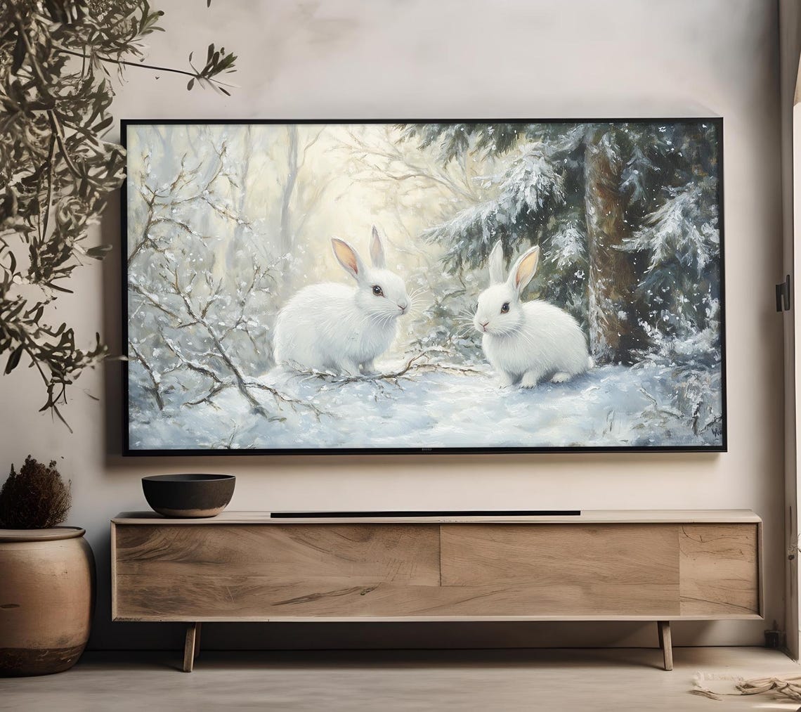 Two White Rabbits Snowy Winter Forest Soft Light Bunny Print - Image 4