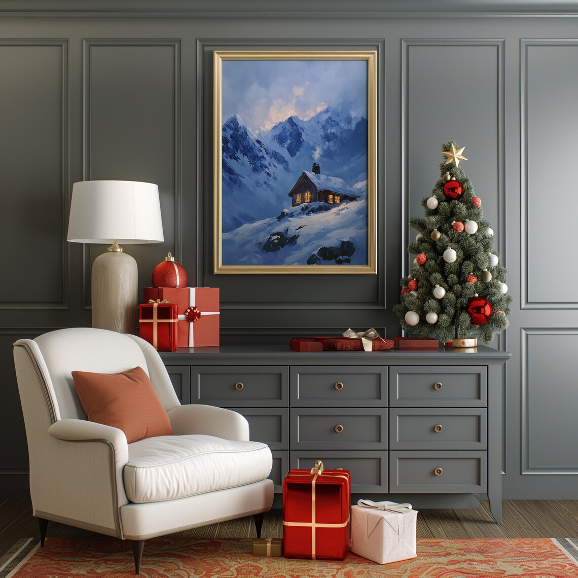 Winter Snowy Cabin Wall Art Print Winter Wall Art Farmhouse Winter Mountains Oil Painting Vintage Landscape Art A99 - Image 4
