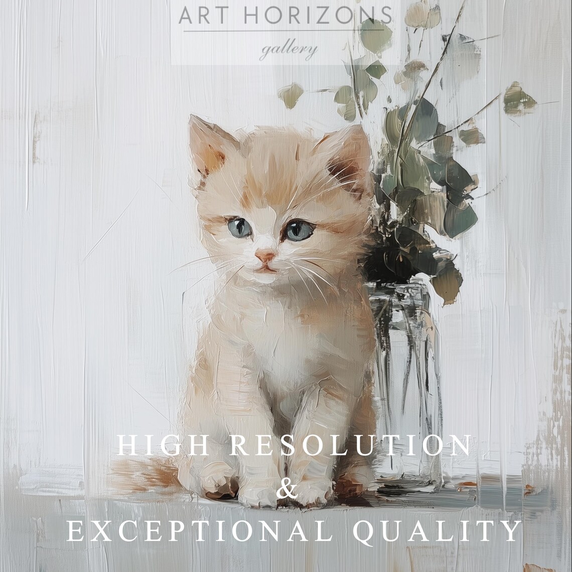 Cream Kitten Sitting With Eucalyptus Sprigs Soft Neutral Nursery Art Poster - Image 3