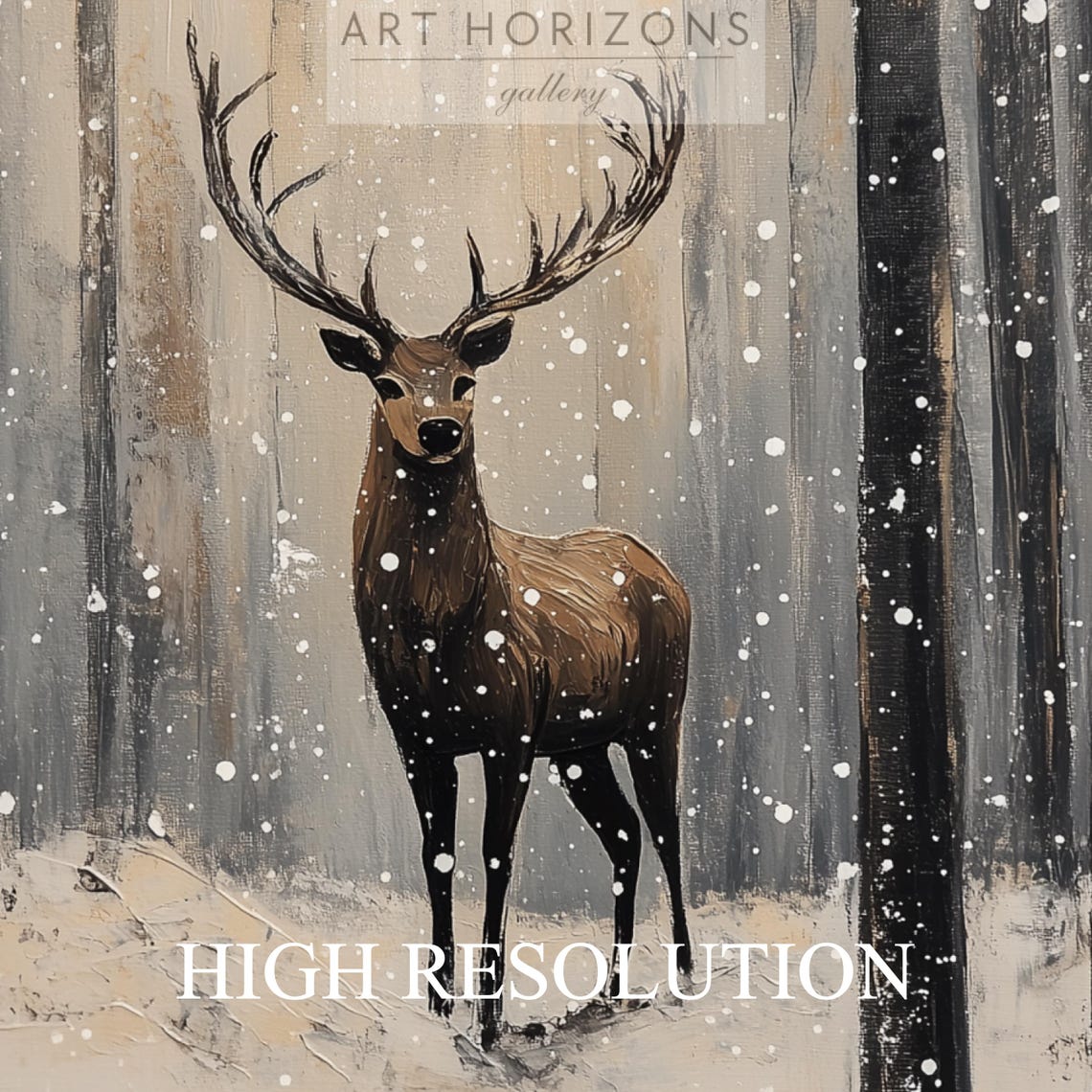 Majestic Stag Standing in Snowy Winter Forest Falling Snow Art Print - Image 3