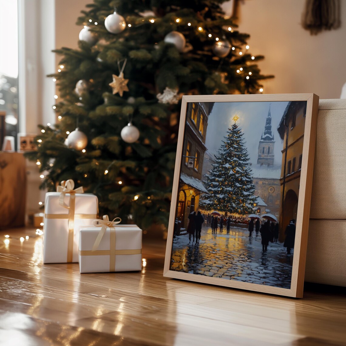 Snowy European Old Town Street Christmas Tree Night Travel Poster - Image 2