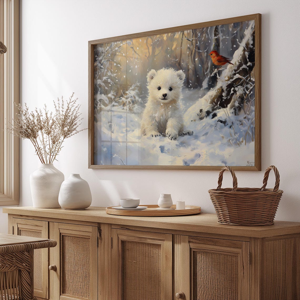 Polar Bear Cub Red Cardinal Snowy Forest Cute Vintage Wildlife Poster - Image 4