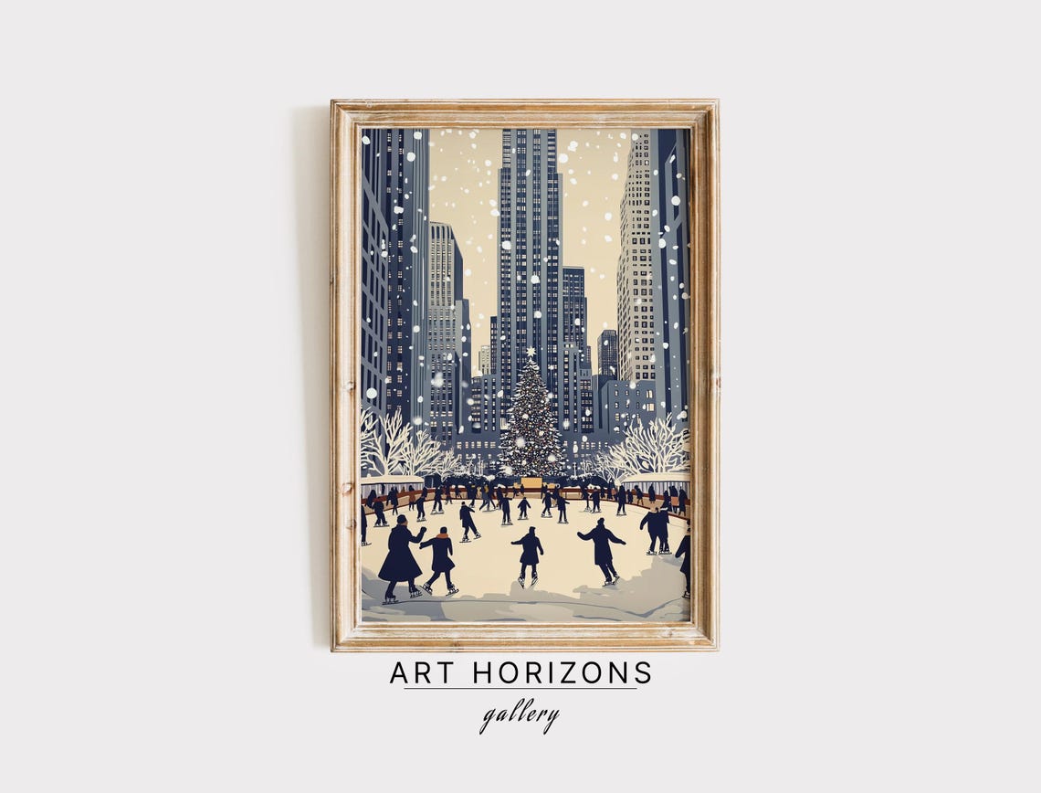 New York Ice Skating Rink Christmas Tree Retro Skyline Wall Art Print