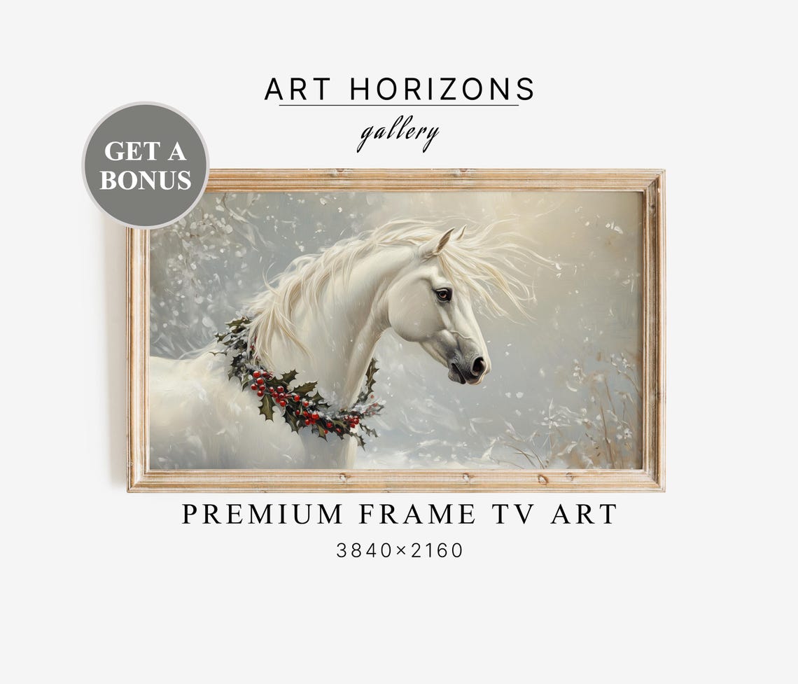 White Horse Holly Berry Garland Snowy Background Christmas Art Poster