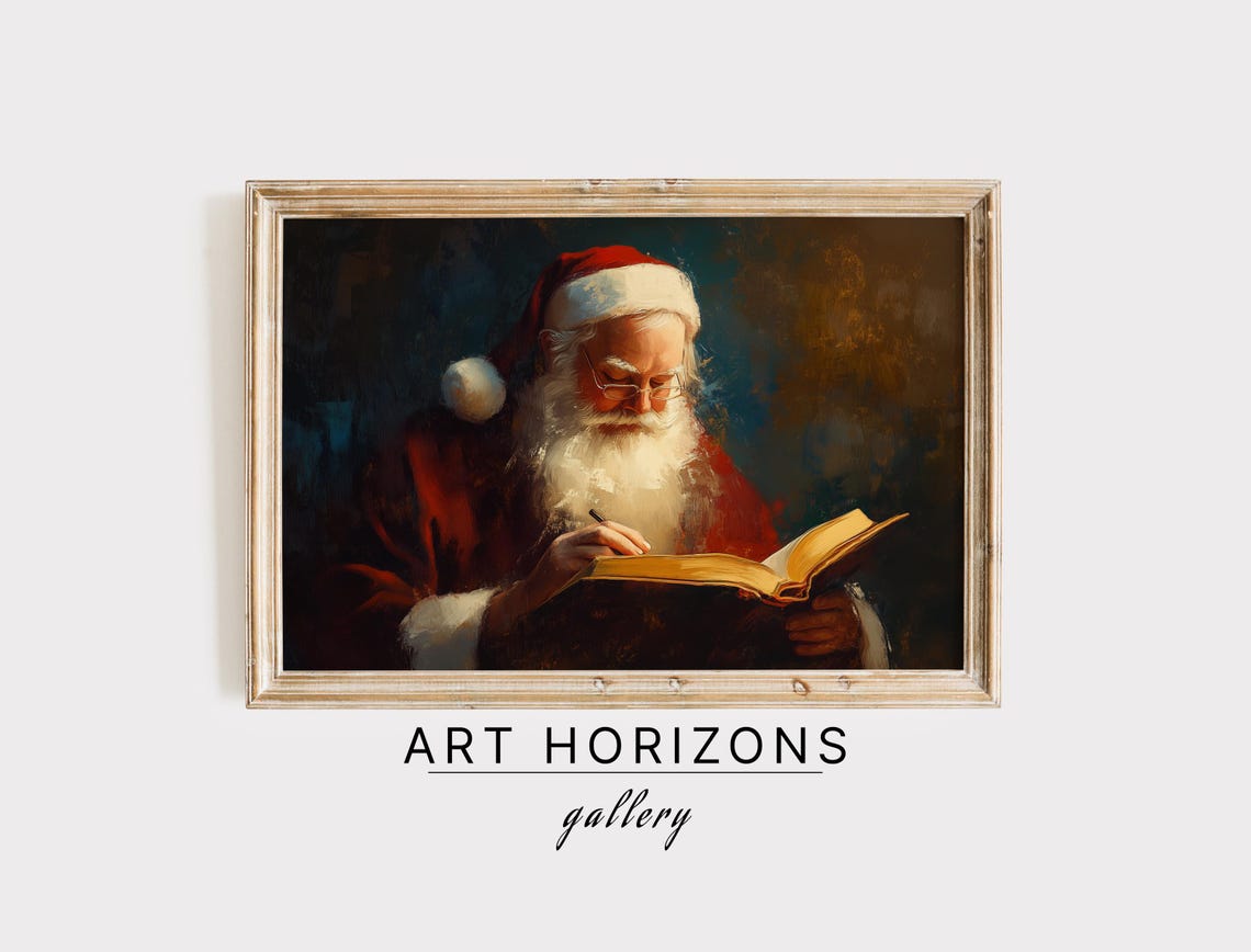 Santa Claus Writing Wish List Glowing Book Moody Portrait Painting Art