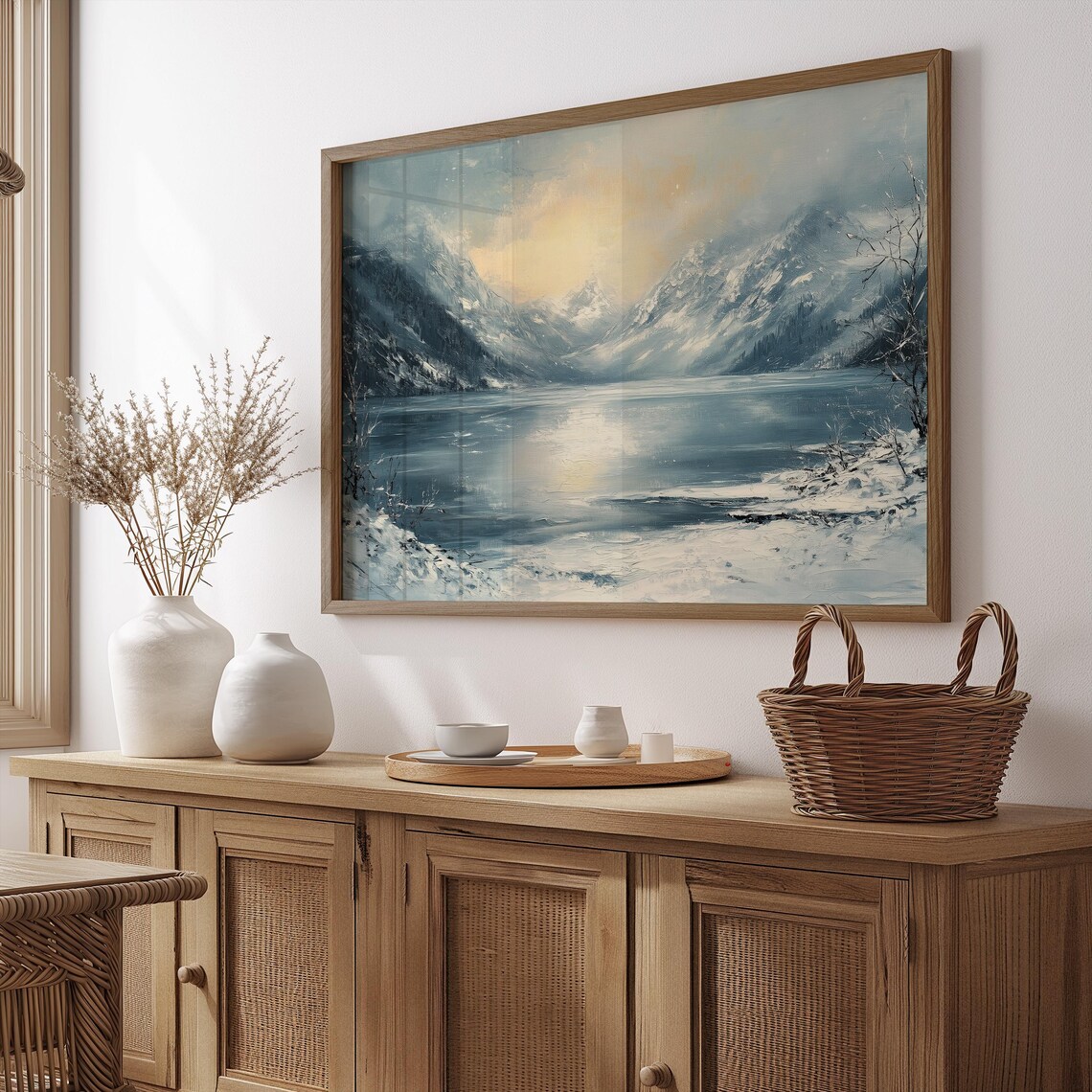 Snowy Mountain Lake Golden Sunset Winter Landscape Oil Painting Poster - Image 2