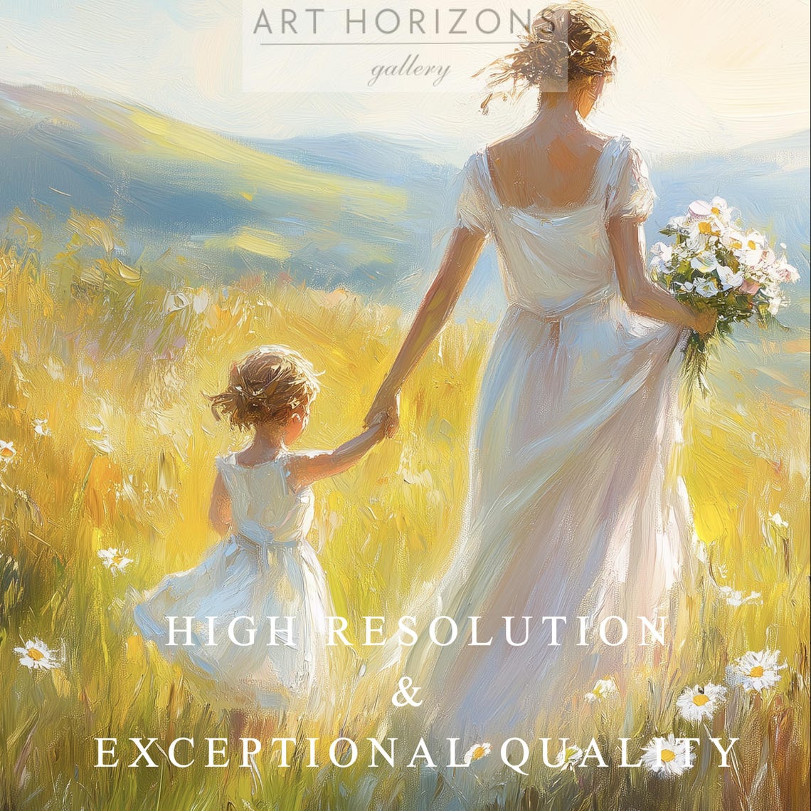 Mother And Child Walking Through Sunlit Daisy Meadow Art Poster - Image 3