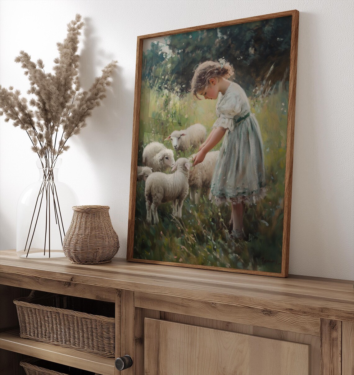 Vintage Little Girl Sheep Lamb, Moody Farmhouse Art Print - Image 4