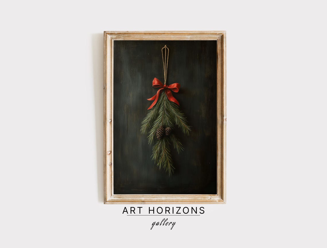 Hanging Pine Sprig with Red Bow on Dark Moody Background Art Print