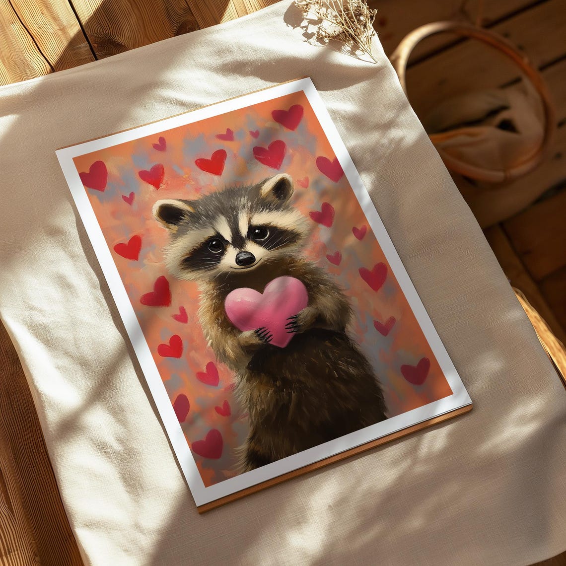Romantic Gift For Her Raccoon Heart Oil Painting Valentines Wall Art Pink Day Decor Cute Animal Gifts Love Day Art A315 - Image 4