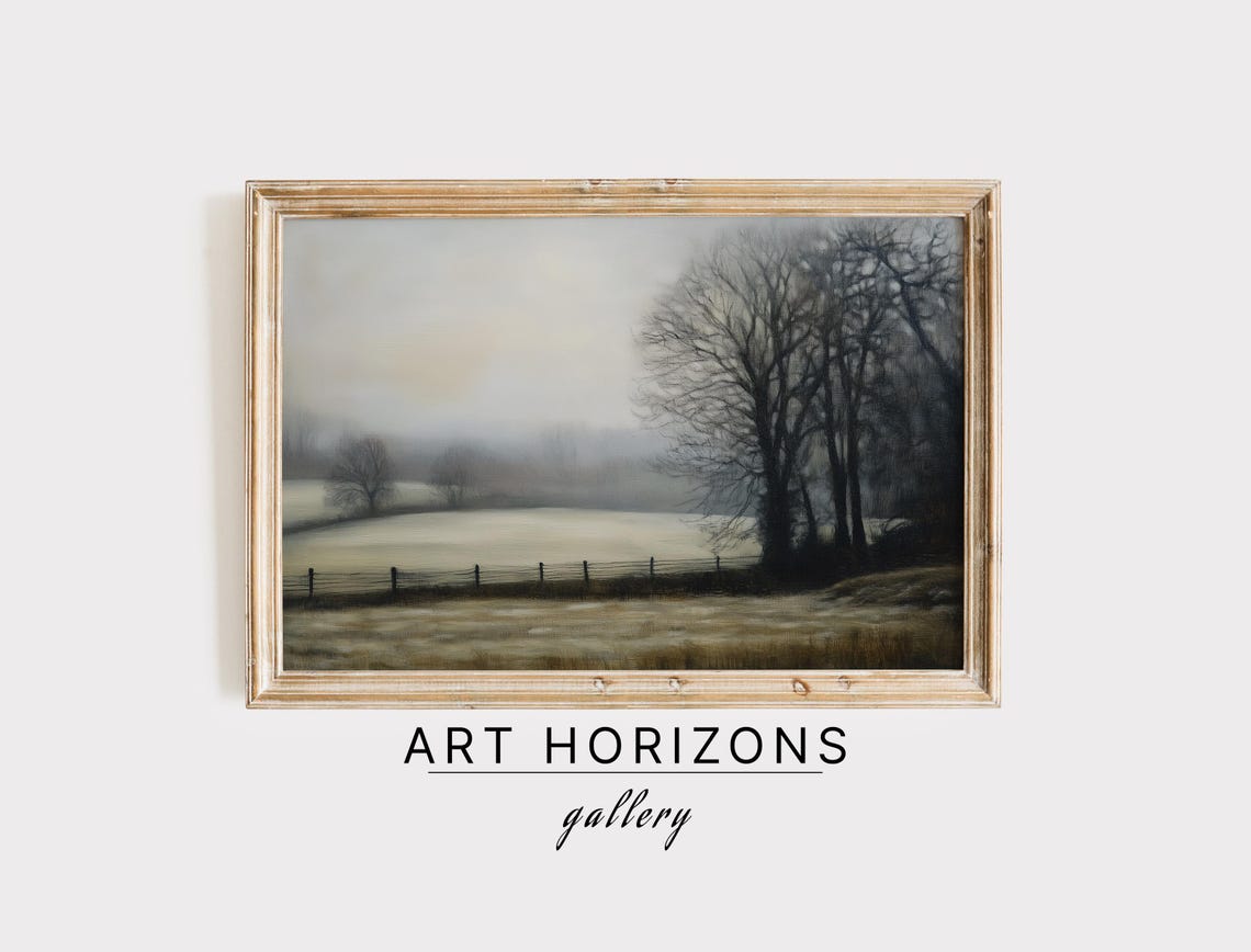 Foggy Meadow With Bare Trees And Fence Muted Autumn Art Poster