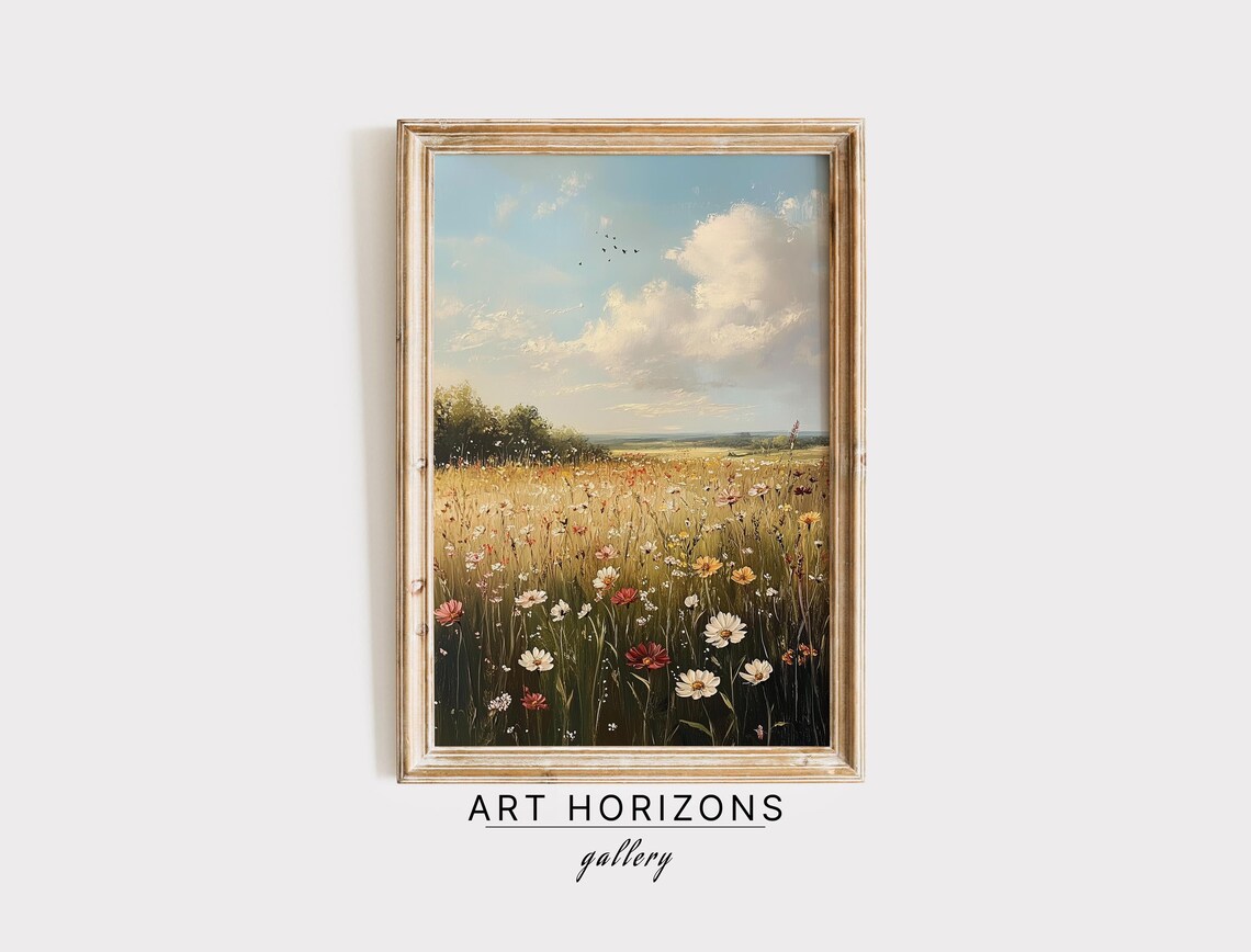 Wildflower Field Landscape Art Vintage Country Field Oil Painting Antique Landscape Art Wall Art Decor A258